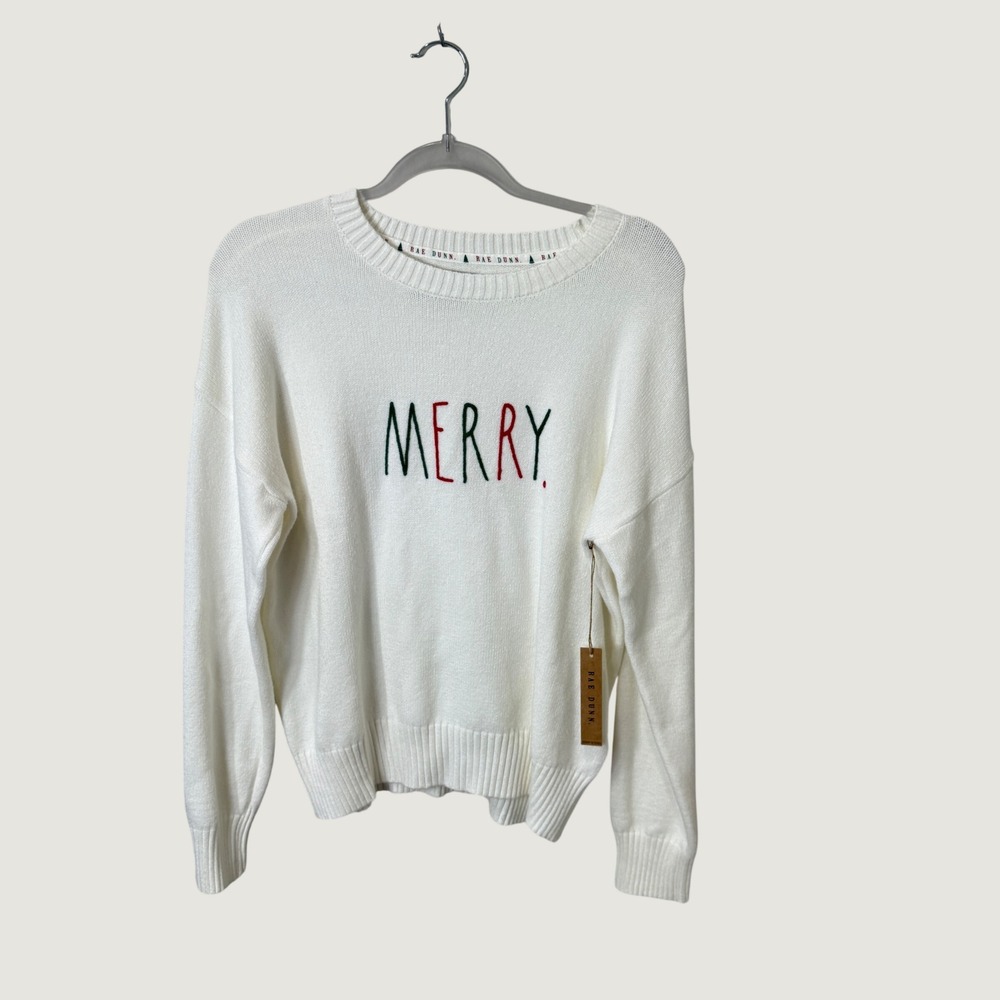 Rae Dunn Merry Drop Shoulder Sweater Ivory XL Holiday Christmas Preppy Coquette